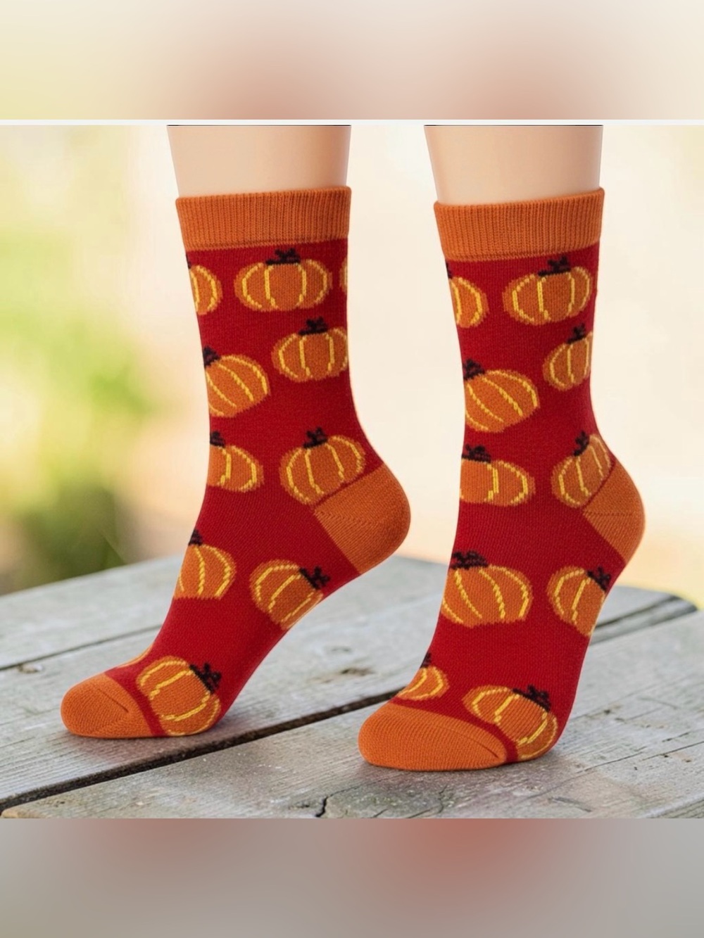 Women Pumpkin Crew Socks in Red & Orange